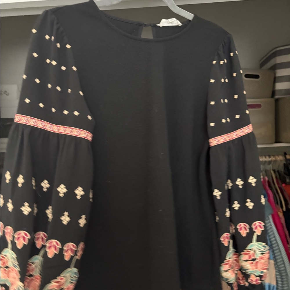 Black Top with Embroidered Sleeves